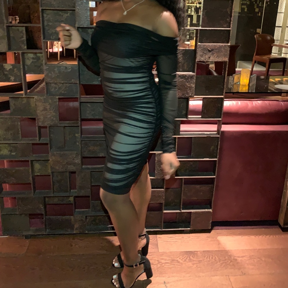 Joyfunear Off Shoulder Ruched Mesh Bodycon Dress